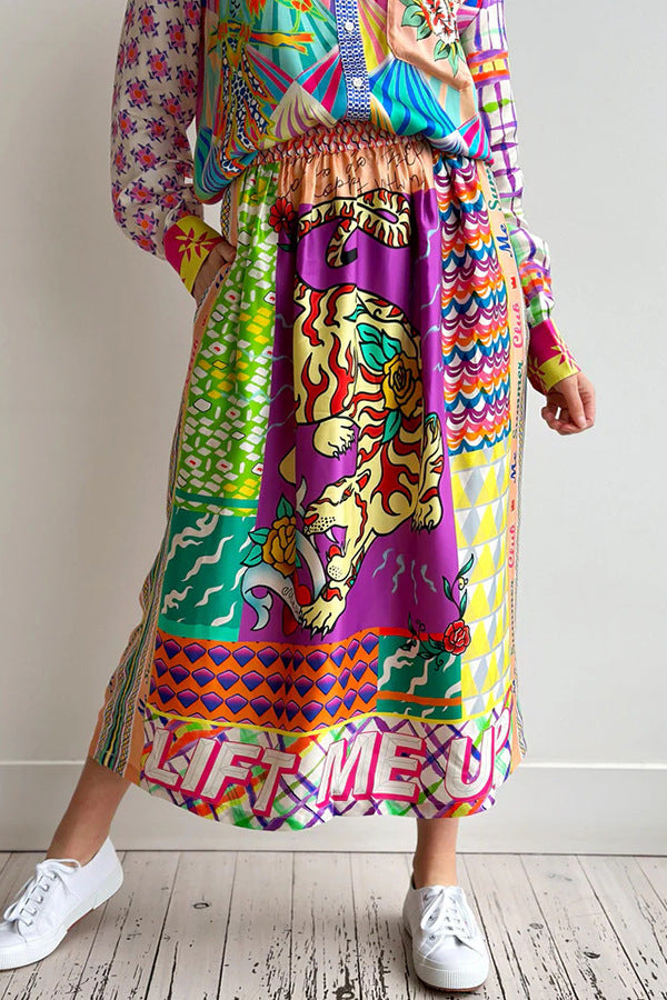 Casual Satin Graffiti Printed Long-sleeved Shirt Skirt Two-piece Set