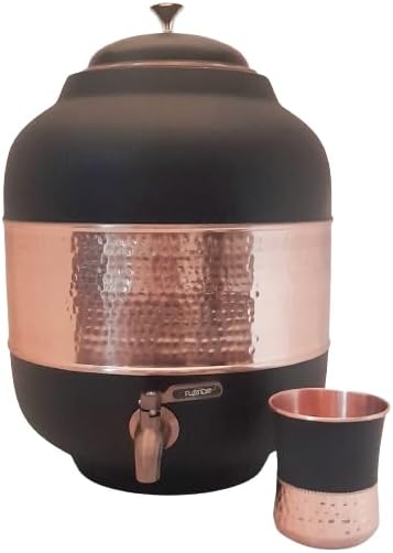 4 Gallon Pure Copper Water Dispenser with Brass Faucet, Countertop Hammered Copper Storage Tank Pot with Glass Stand & Matching Cup for Home, Kitchen & Decor, Matte Black