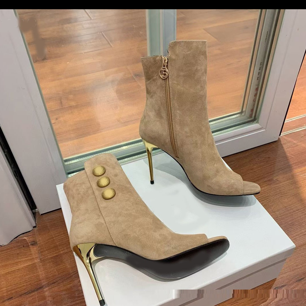 Leather Ankle Boots Super Stiletto Women's Shoes with Fish Mouth Metal Round Buckle