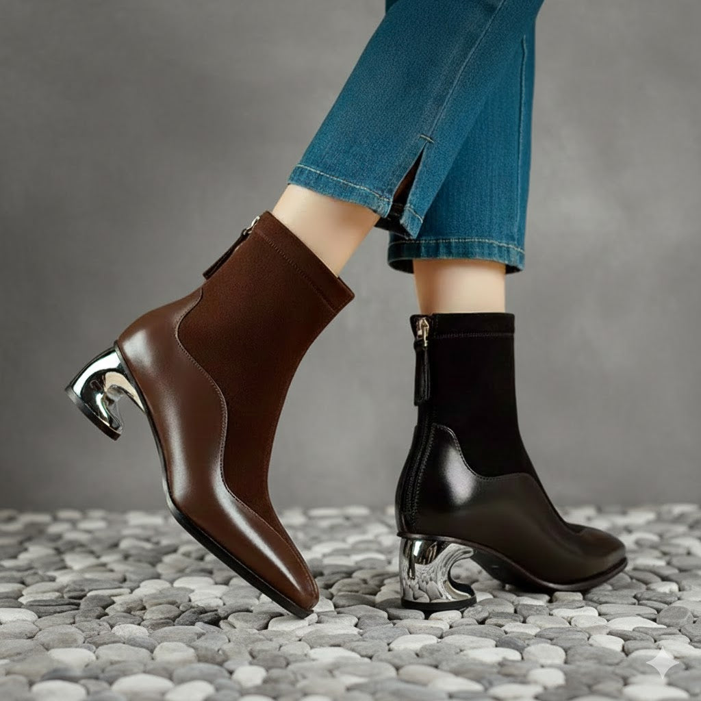 Modern Square Toe Chunky Woman Genuine Leather Ankle Boots Designer Suede Mid innovative Heels boots.