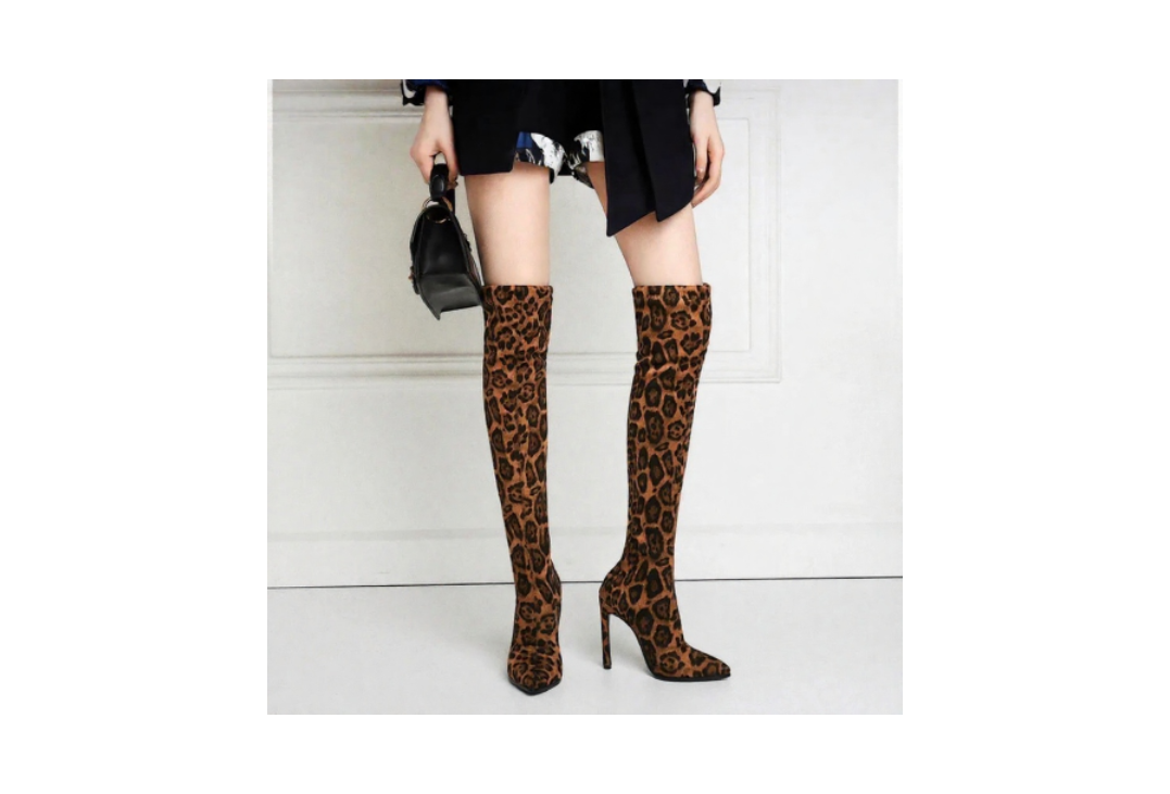 Sexy Glamourous Women Thigh High Boots Thin High Heeled Long Boots Leopard Print Snake Pointed Toe Over The Knee High Winter Bootie