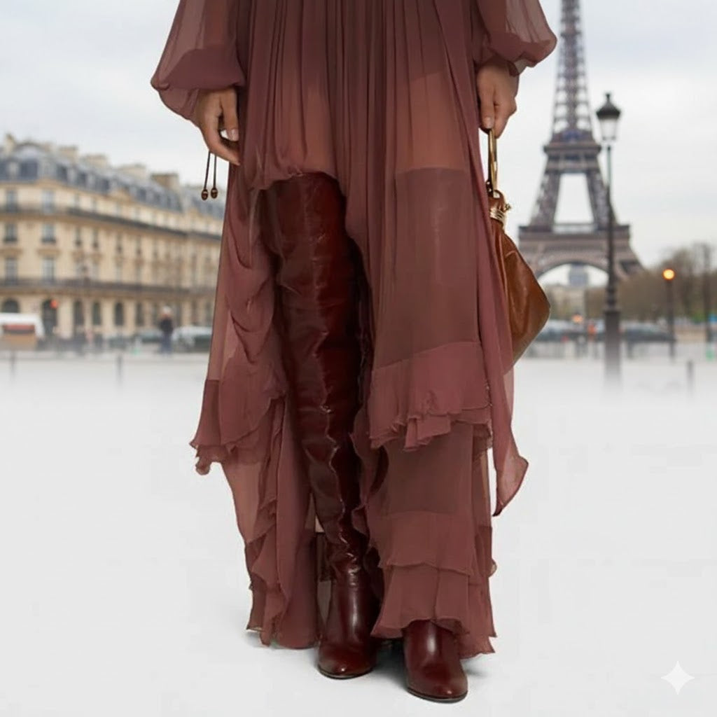 Elegant Leather Over The Knee Pleated Boots. Trendy Sexy Pointed Toe Stiletto.