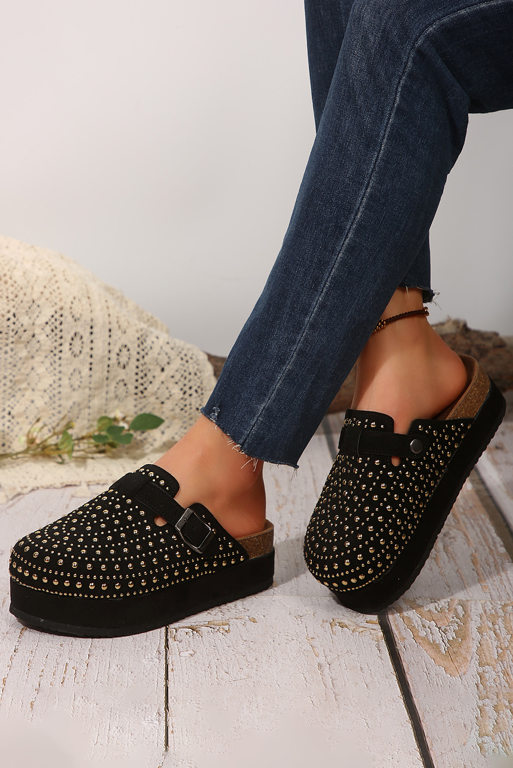 Solstice Black Vintage Studded Platform Slippers