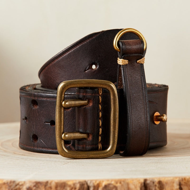 Double Needle Copper Buckle Men's Belt Retro Head Layer Pure Cowhide
