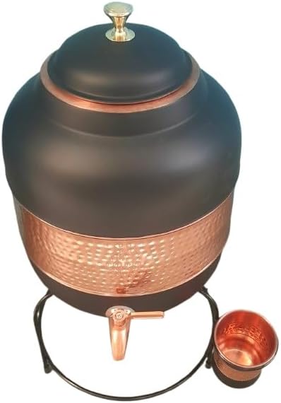 4 Gallon Pure Copper Water Dispenser with Brass Faucet, Countertop Hammered Copper Storage Tank Pot with Glass Stand & Matching Cup for Home, Kitchen & Decor, Matte Black