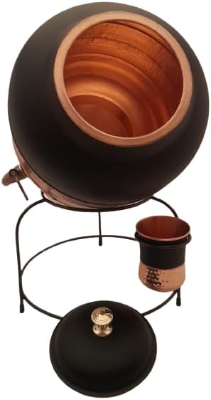 4 Gallon Pure Copper Water Dispenser with Brass Faucet, Countertop Hammered Copper Storage Tank Pot with Glass Stand & Matching Cup for Home, Kitchen & Decor, Matte Black