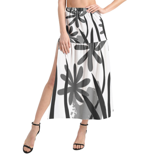 Elastic Waist Ruffle Slit Hem Skirt