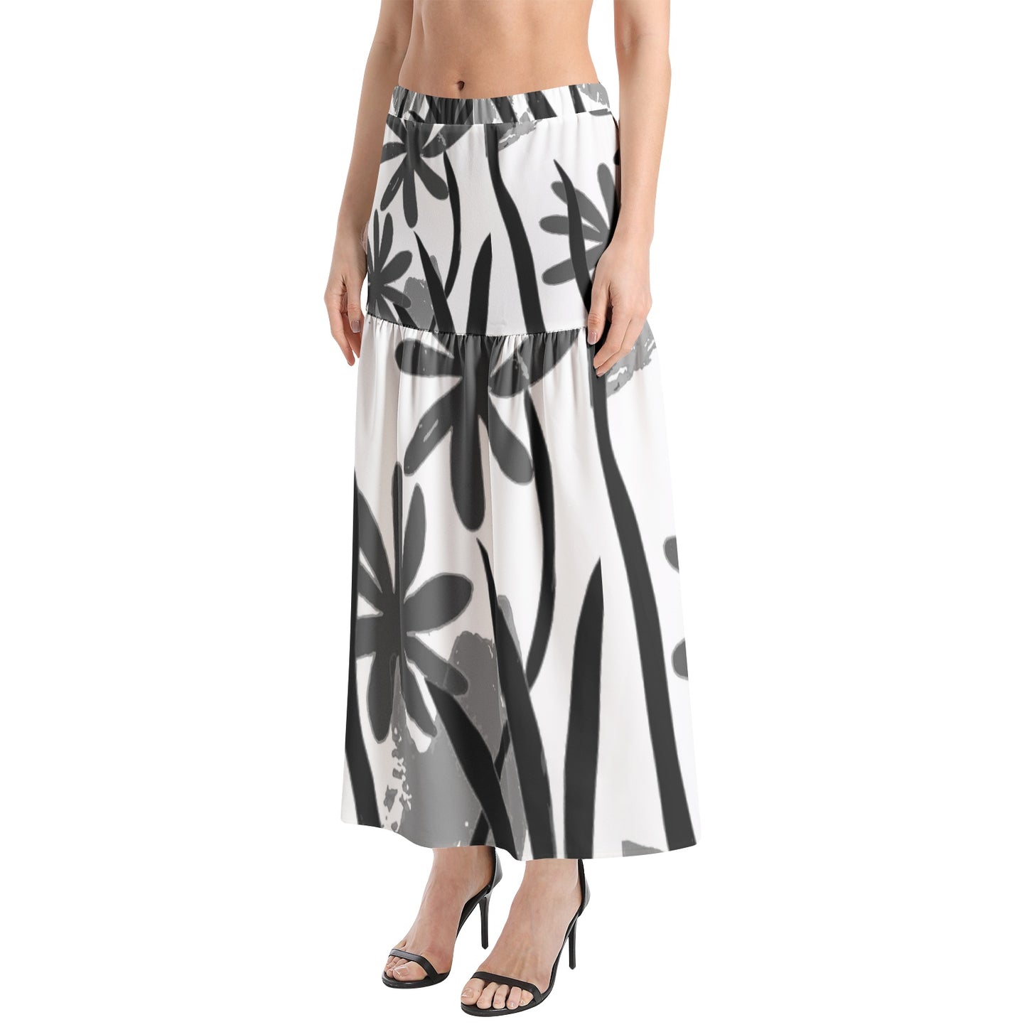 Elastic Waist Ruffle Slit Hem Skirt