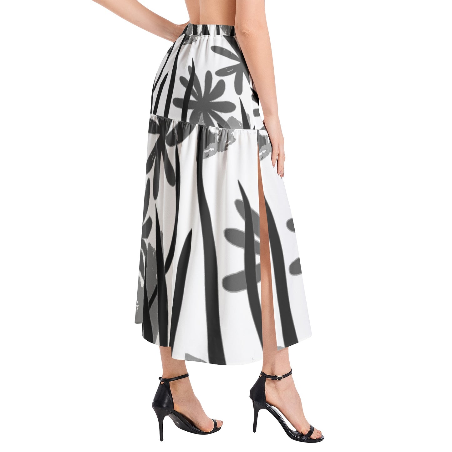 Elastic Waist Ruffle Slit Hem Skirt