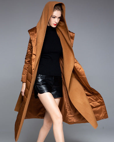 Avantgarde Women's Medium Long Lace Up Patchwork Hooded Down Jacket