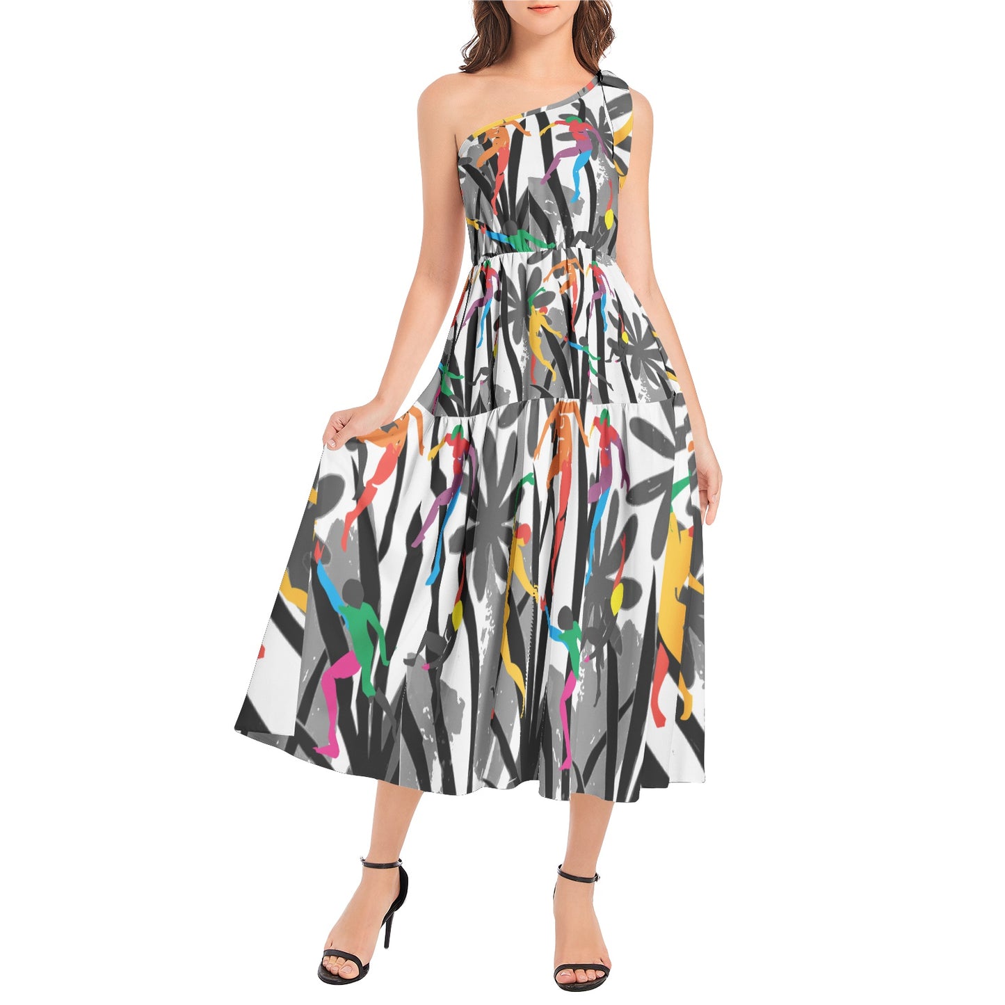 Solstice Matisse Dancers Jungle Ruffle Hem One Shoulder Midi Dress