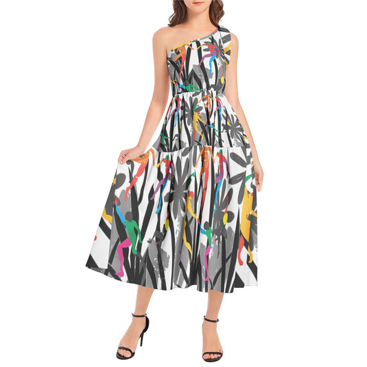 Solstice Matisse Dancers Jungle Ruffle Hem One Shoulder Midi Dress
