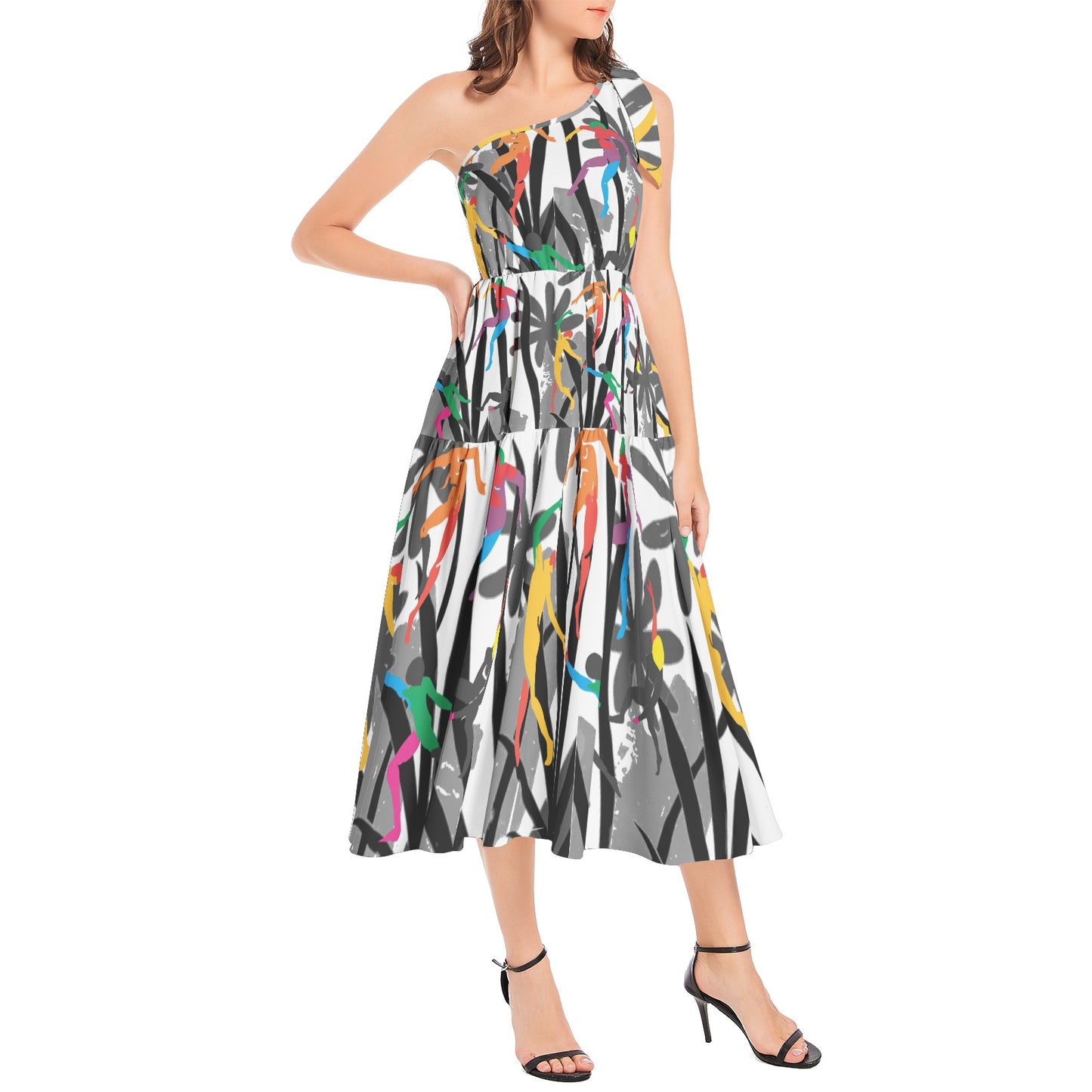 Solstice Matisse Dancers Jungle Ruffle Hem One Shoulder Midi Dress