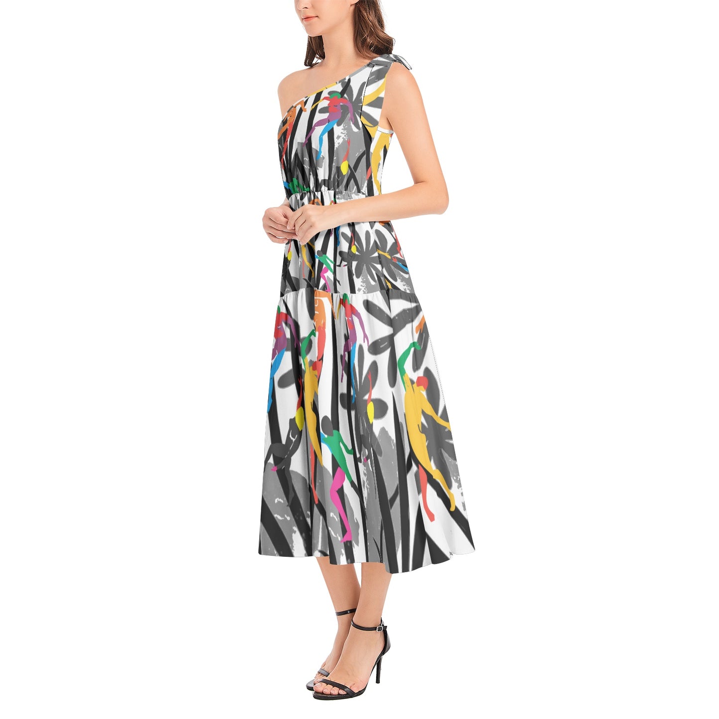 Solstice Matisse Dancers Jungle Ruffle Hem One Shoulder Midi Dress