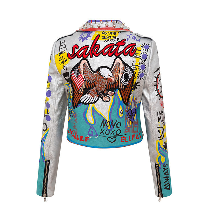 Fashionista Women's Graffiti Printed Contrast Color Motorcycle Suit