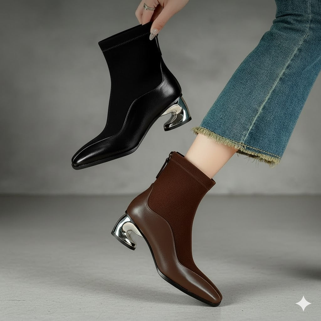 Modern Square Toe Chunky Woman Genuine Leather Ankle Boots Designer Suede Mid innovative Heels boots.
