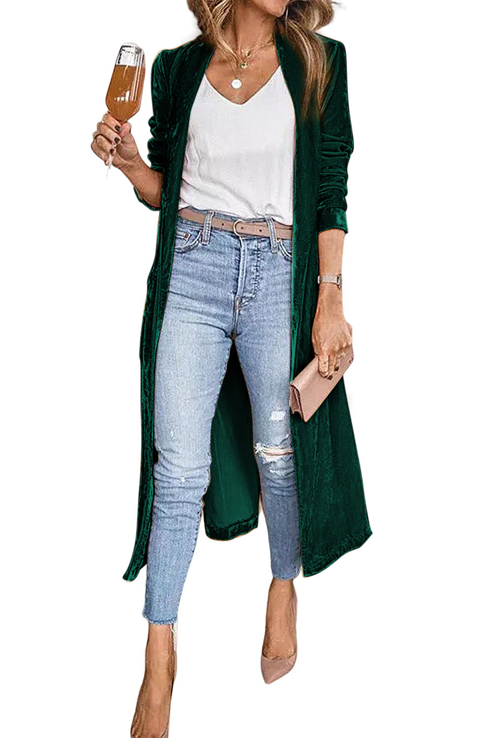 Solstice Green Velvet Elegant Pocket Open Front Long Cardigan