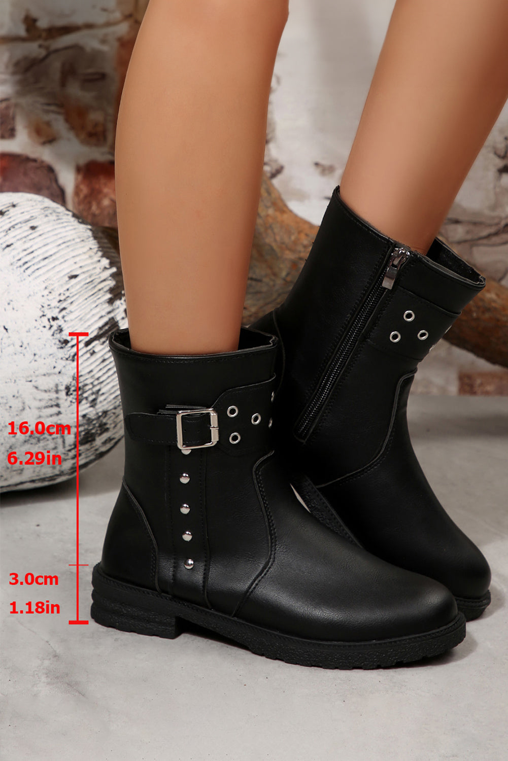 Black Studded Buckle Decor Side Zip Faux Leather Boots
