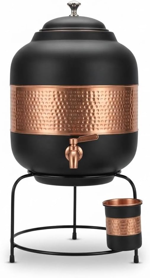 4 Gallon Pure Copper Water Dispenser with Brass Faucet, Countertop Hammered Copper Storage Tank Pot with Glass Stand & Matching Cup for Home, Kitchen & Decor, Matte Black