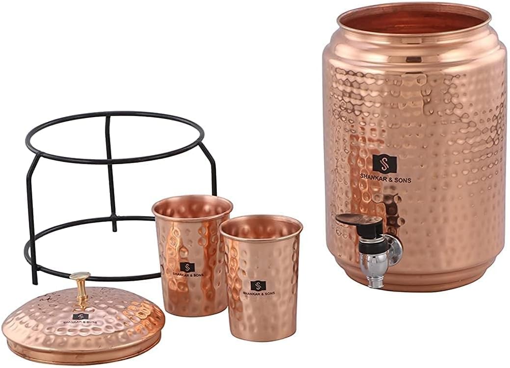 5 Litre Copper Water Dispenser with Stand and 2 Glasses | BPA Free, Non-Toxic | Hammered Texture, Rustproof & Durable | with Added Health Benefits of Copper