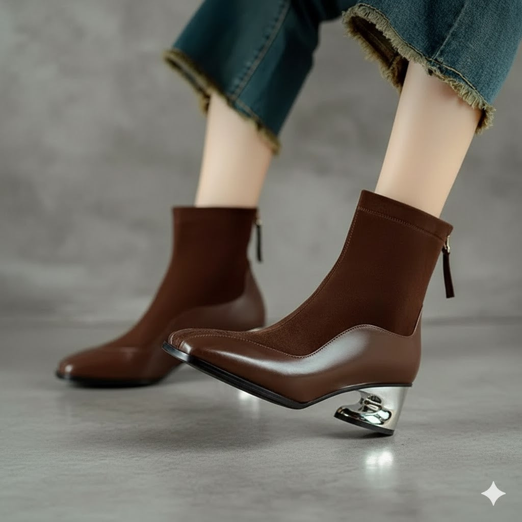 Modern Square Toe Chunky Woman Genuine Leather Ankle Boots Designer Suede Mid innovative Heels boots.