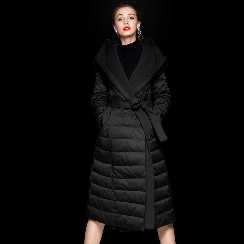 Avantgarde Women's Medium Long Lace Up Patchwork Hooded Down Jacket