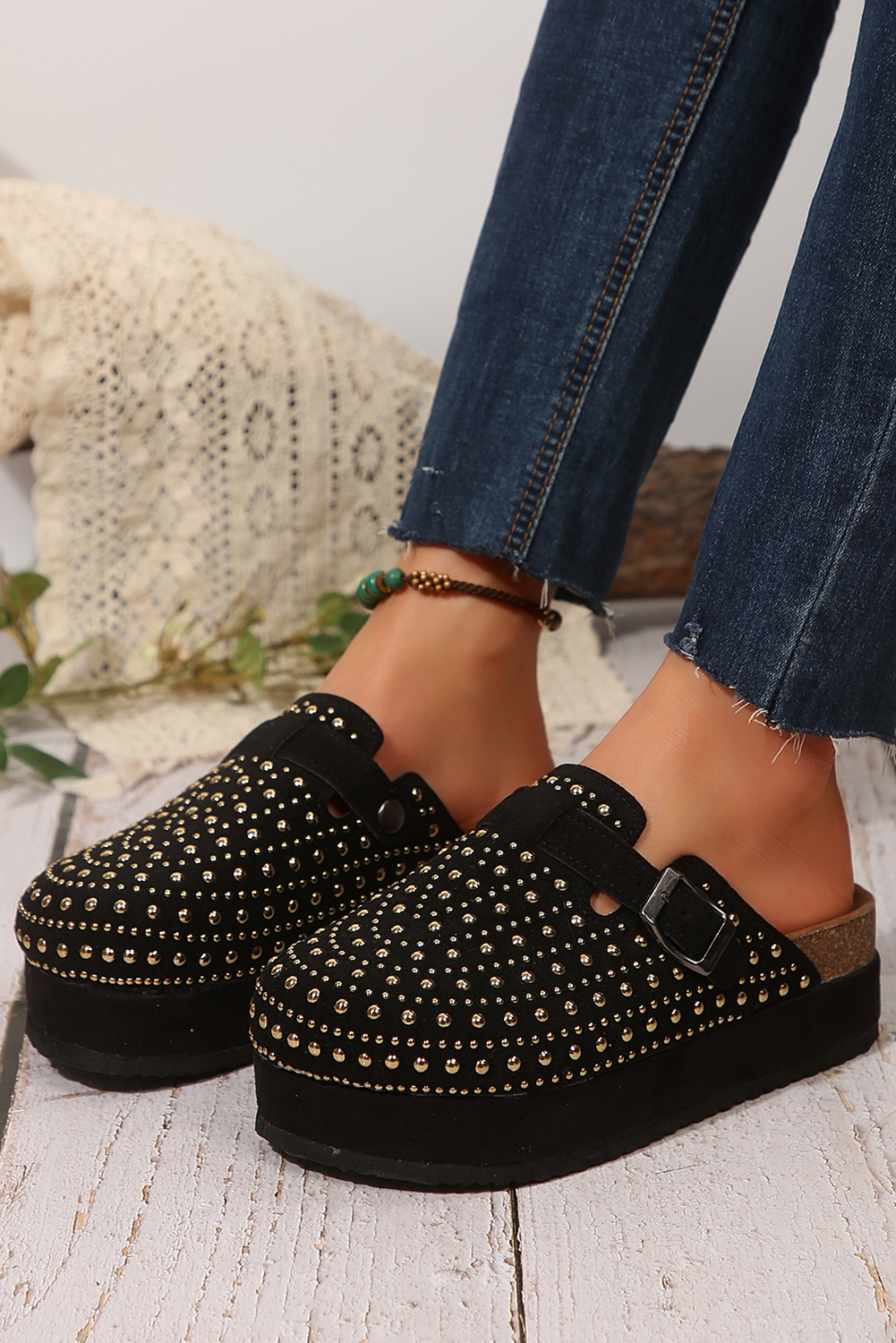 Solstice Black Vintage Studded Platform Slippers