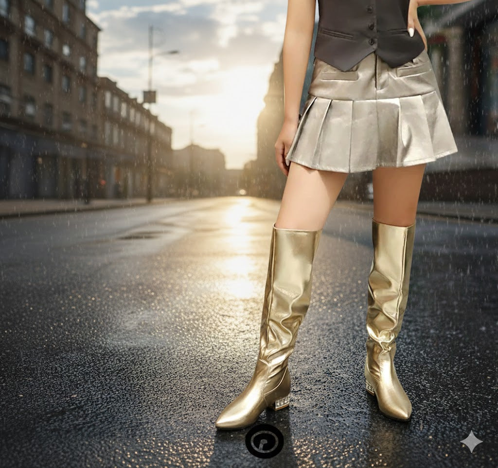 Women Winter Slouch Knee High Boots Golden Sparkly Crystal Boots