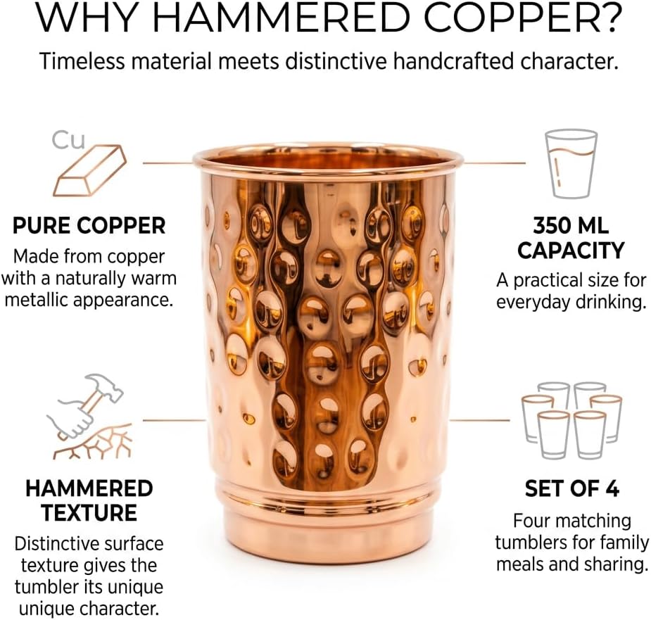 Pure Copper Hammered Tumblers Set of 4 | 350ml (11.8oz) | Handmade Ayurvedic Drinkware for Health & Wellness | Travel Copper Cups