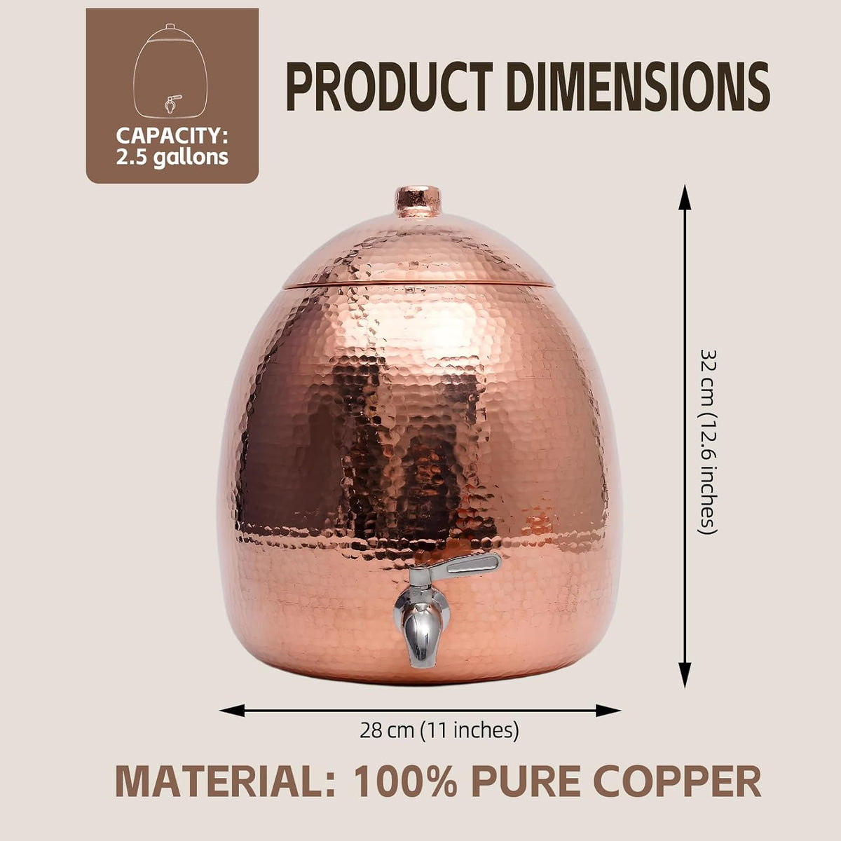 2.5 Gallon Hand-Hammered 100% Pure Copper Water Dispenser