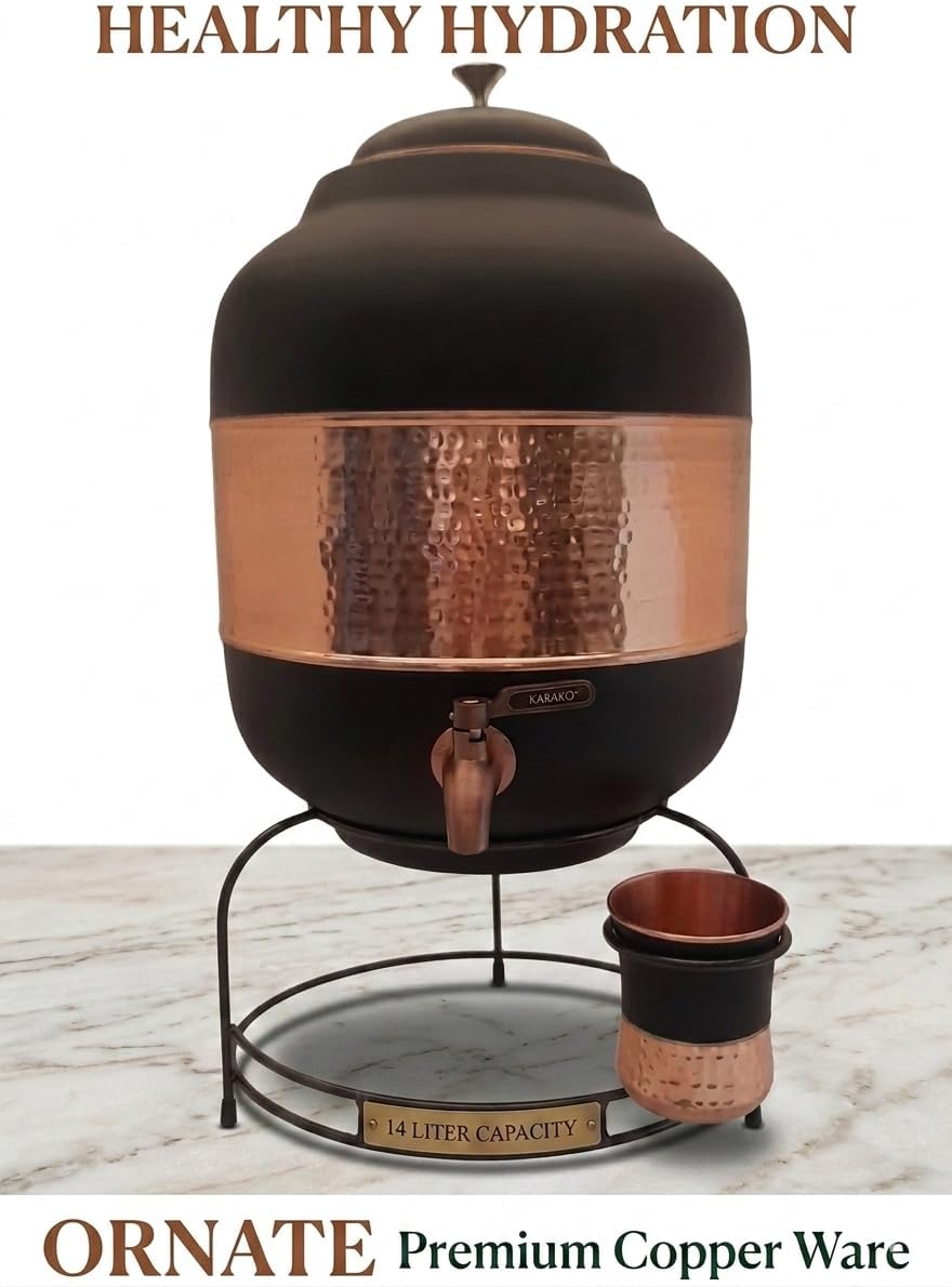 4 Gallon Pure Copper Water Dispenser with Brass Faucet, Countertop Hammered Copper Storage Tank Pot with Glass Stand & Matching Cup for Home, Kitchen & Decor, Matte Black