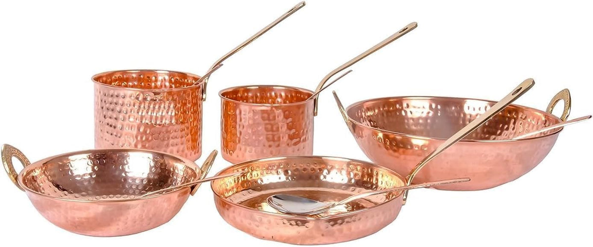 Hammered Copper Cooking and Serving Set, 10-Piece Traditional Kitchen Cookware with Brass Handles, Includes Sauce Pan, Kadhai, Fry Pan, Serving Spoons