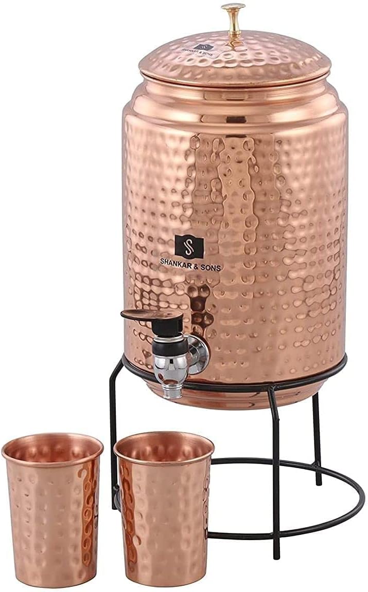 5 Litre Copper Water Dispenser with Stand and 2 Glasses | BPA Free, Non-Toxic | Hammered Texture, Rustproof & Durable | with Added Health Benefits of Copper