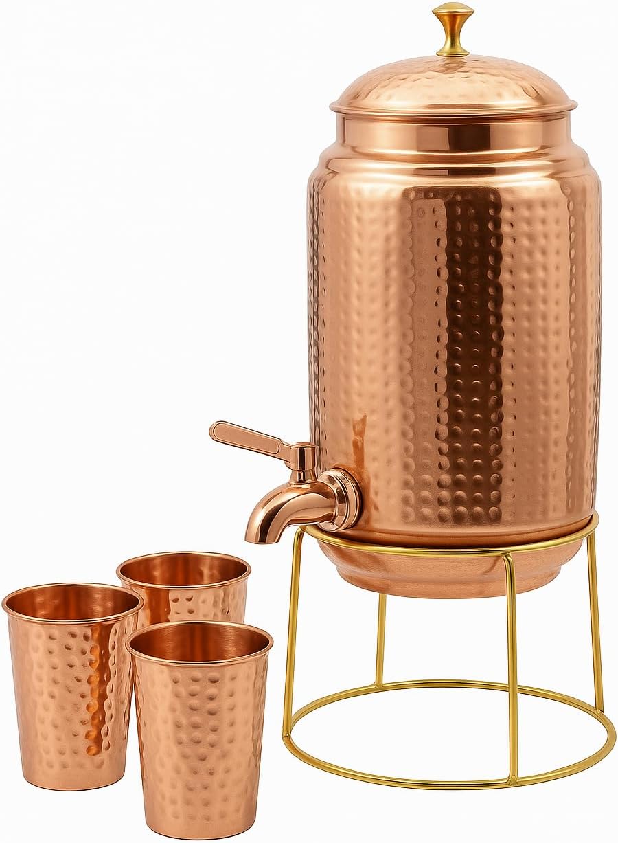 Copper Water Dispenser Storage Water Tank with Tap and set of 4 Copper Glass | Water Pot | Water Storage Tank | 10 Ltr Capacity | 338 Oz