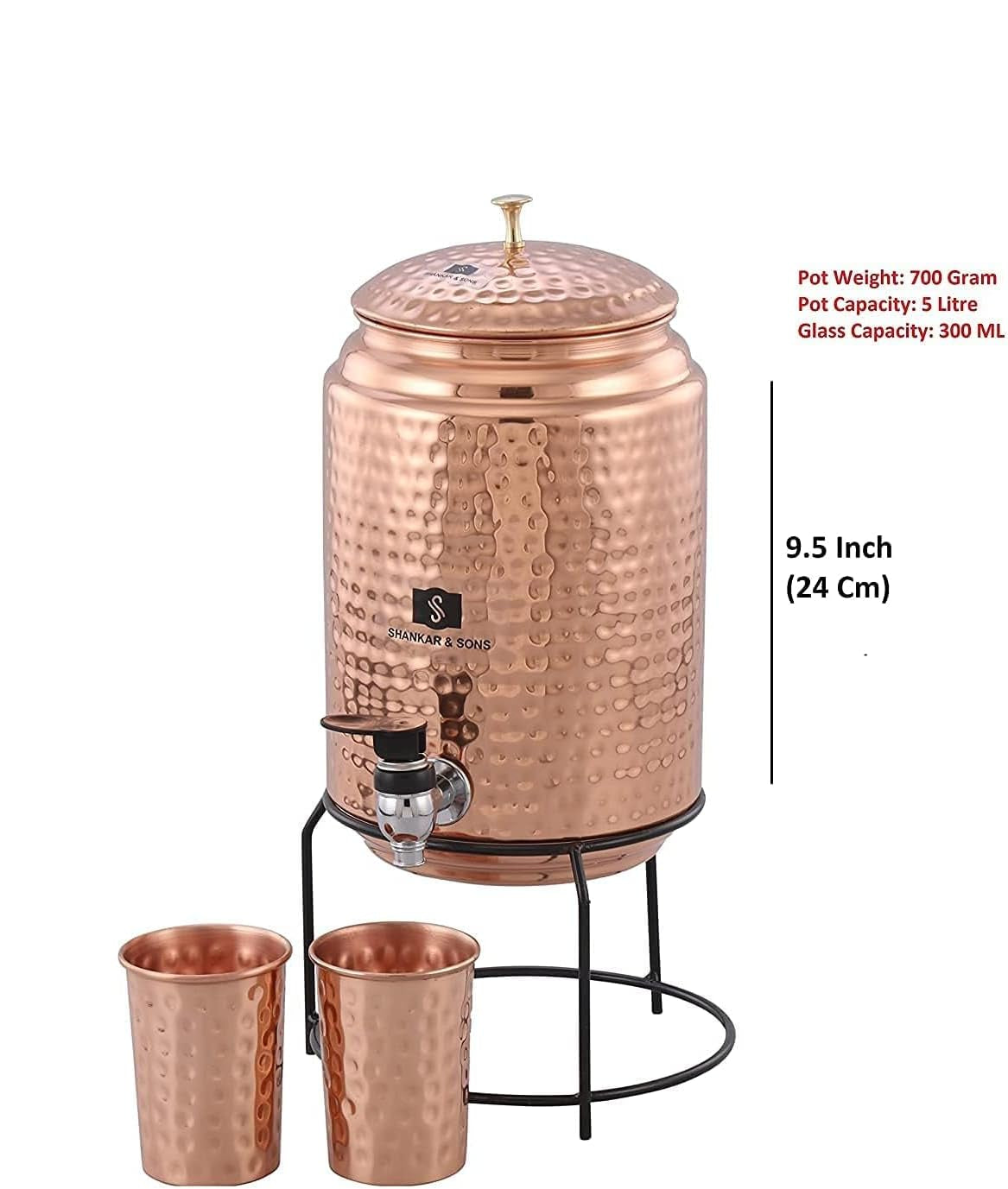 5 Litre Copper Water Dispenser with Stand and 2 Glasses | BPA Free, Non-Toxic | Hammered Texture, Rustproof & Durable | with Added Health Benefits of Copper