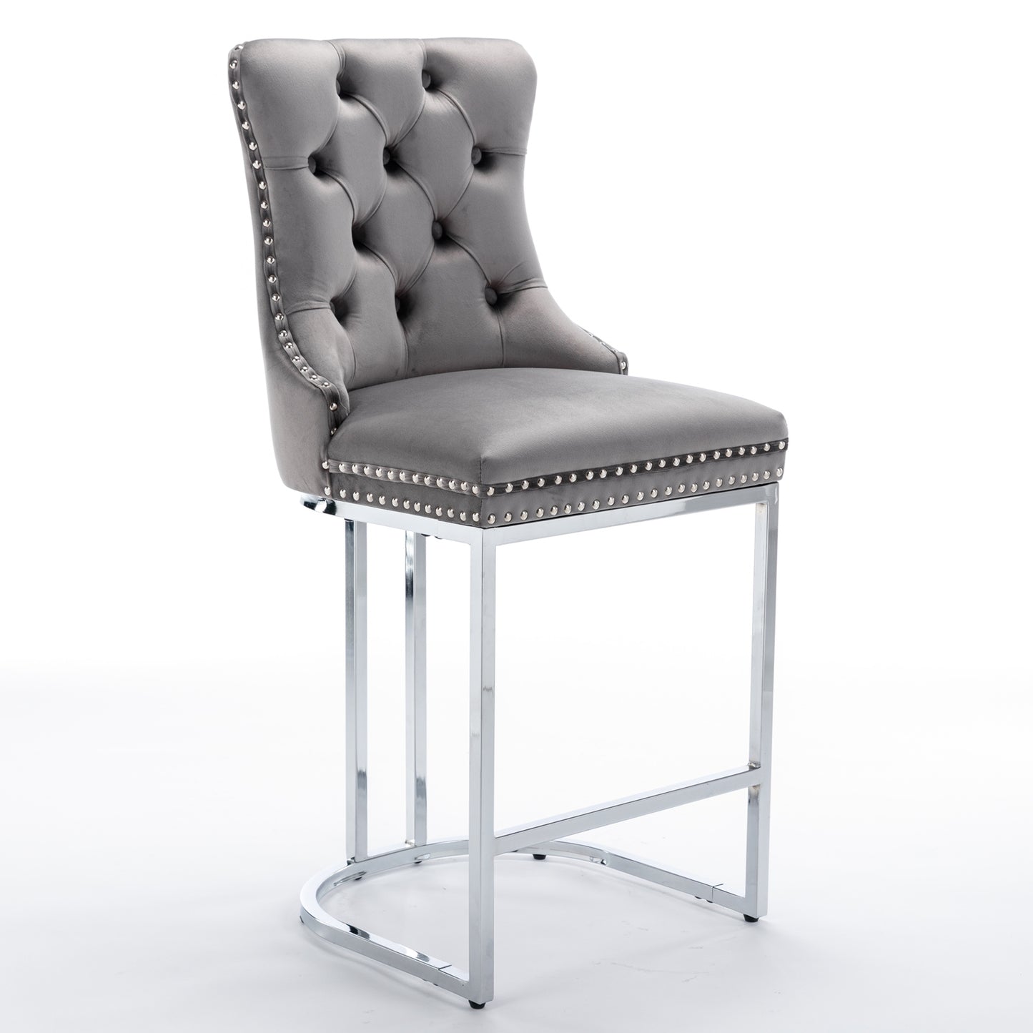 26 Counter Height Bar Stools Set Of 2, Modern Velvet Barstools With Button Back&Rivet Trim Upholstered Kitchen Island Chairs With Sturdy Chromed Metal Base Legs Farmhouse Bar Stools, Gray,2 Pack