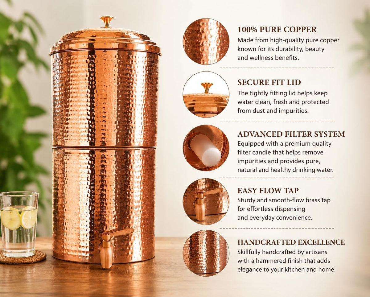 Hammered Copper Filter Water Pitcher with Spigot, Lid, and Candle Filter