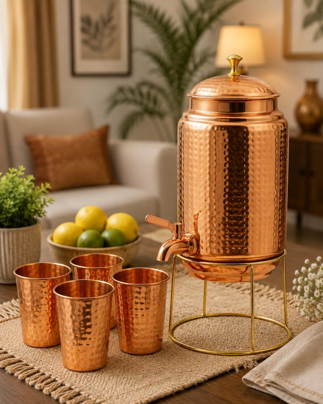 Copper Water Dispenser Storage Water Tank with Tap and set of 4 Copper Glass | Water Pot | Water Storage Tank | 10 Ltr Capacity | 338 Oz