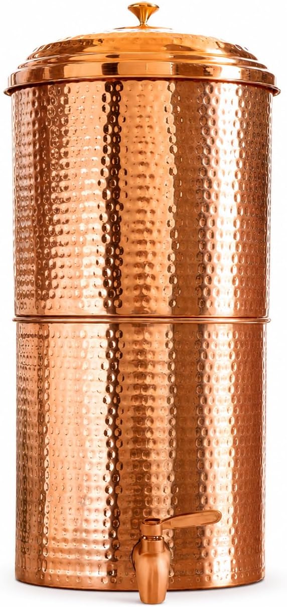 Hammered Copper Filter Water Pitcher with Spigot, Lid, and Candle Filter
