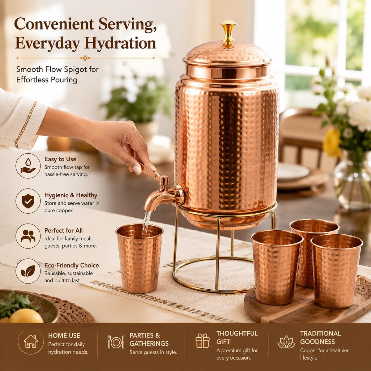 Copper Water Dispenser Storage Water Tank with Tap and set of 4 Copper Glass | Water Pot | Water Storage Tank | 10 Ltr Capacity | 338 Oz