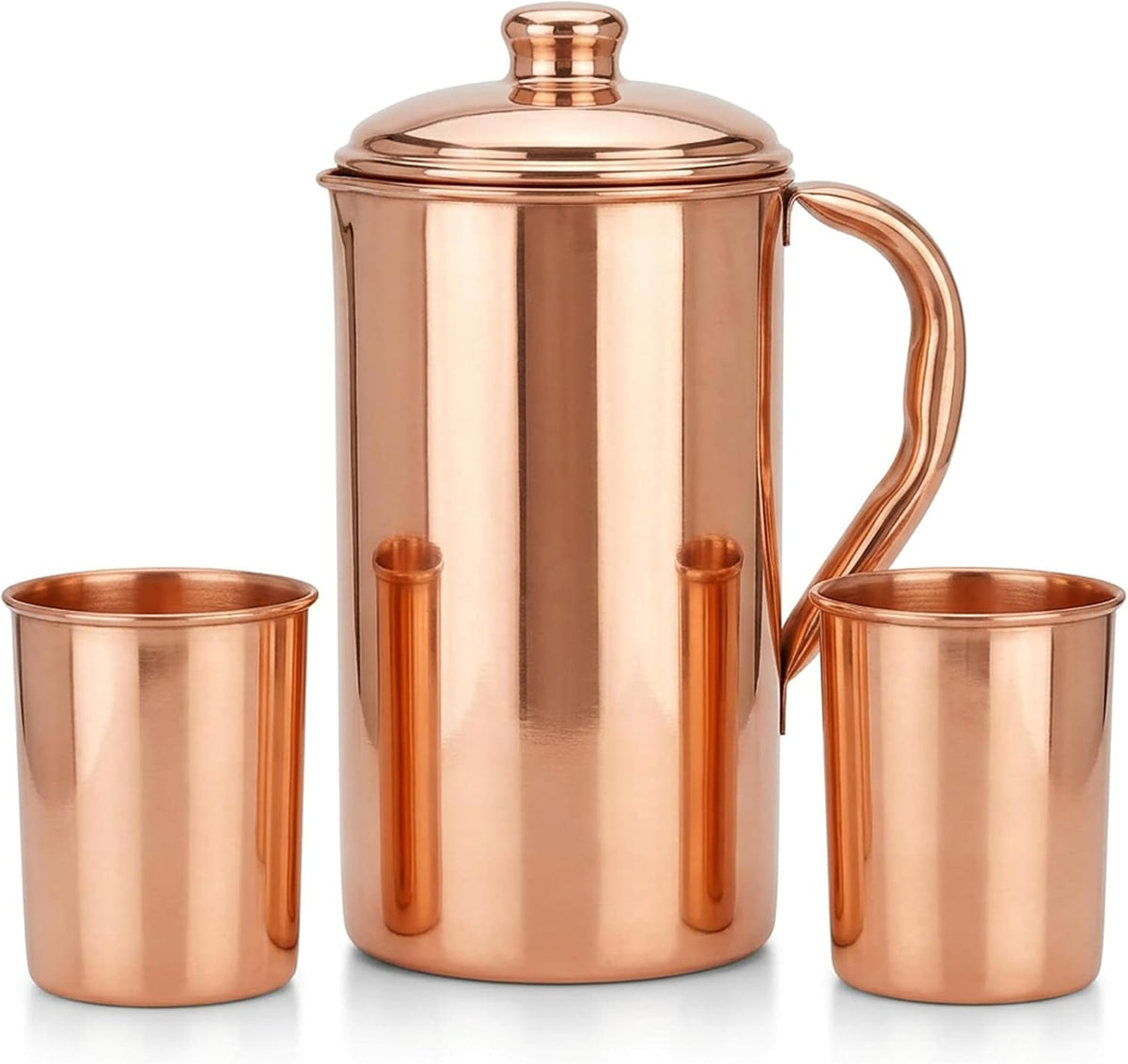 Pure Copper Jug with Lid and 2 Tumblers – Ayurvedic Water Pitcher Set with Copper Cups for Drinking and Storing Water – Handmade Drinkware
