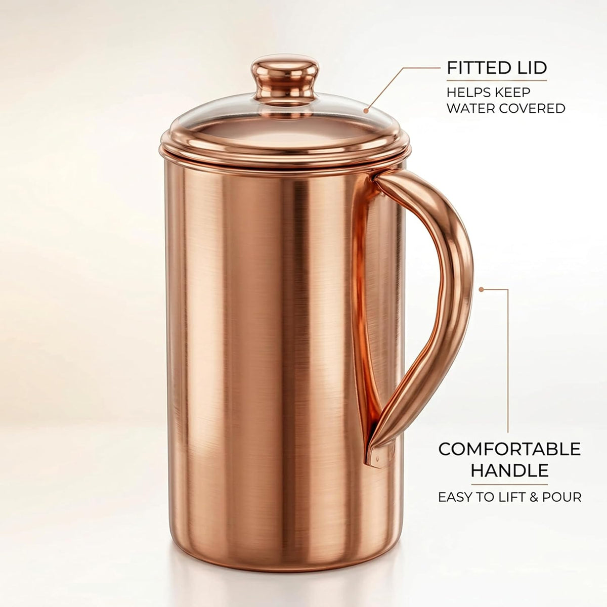 Pure Copper Jug with Lid and 2 Tumblers – Ayurvedic Water Pitcher Set with Copper Cups for Drinking and Storing Water – Handmade Drinkware