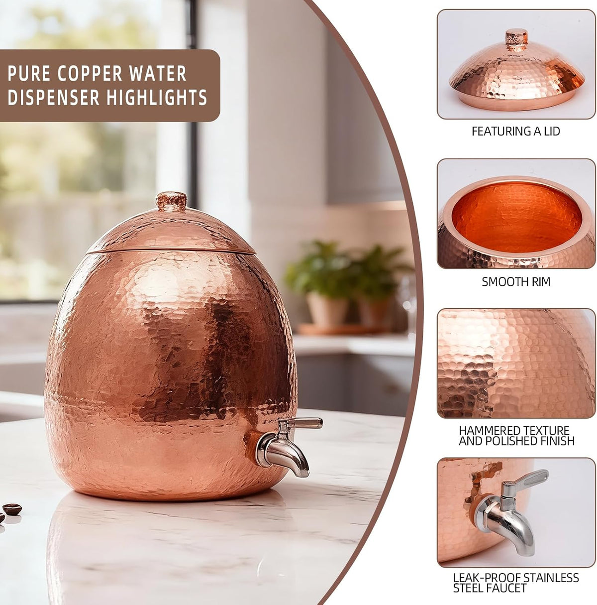 2.5 Gallon Hand-Hammered 100% Pure Copper Water Dispenser