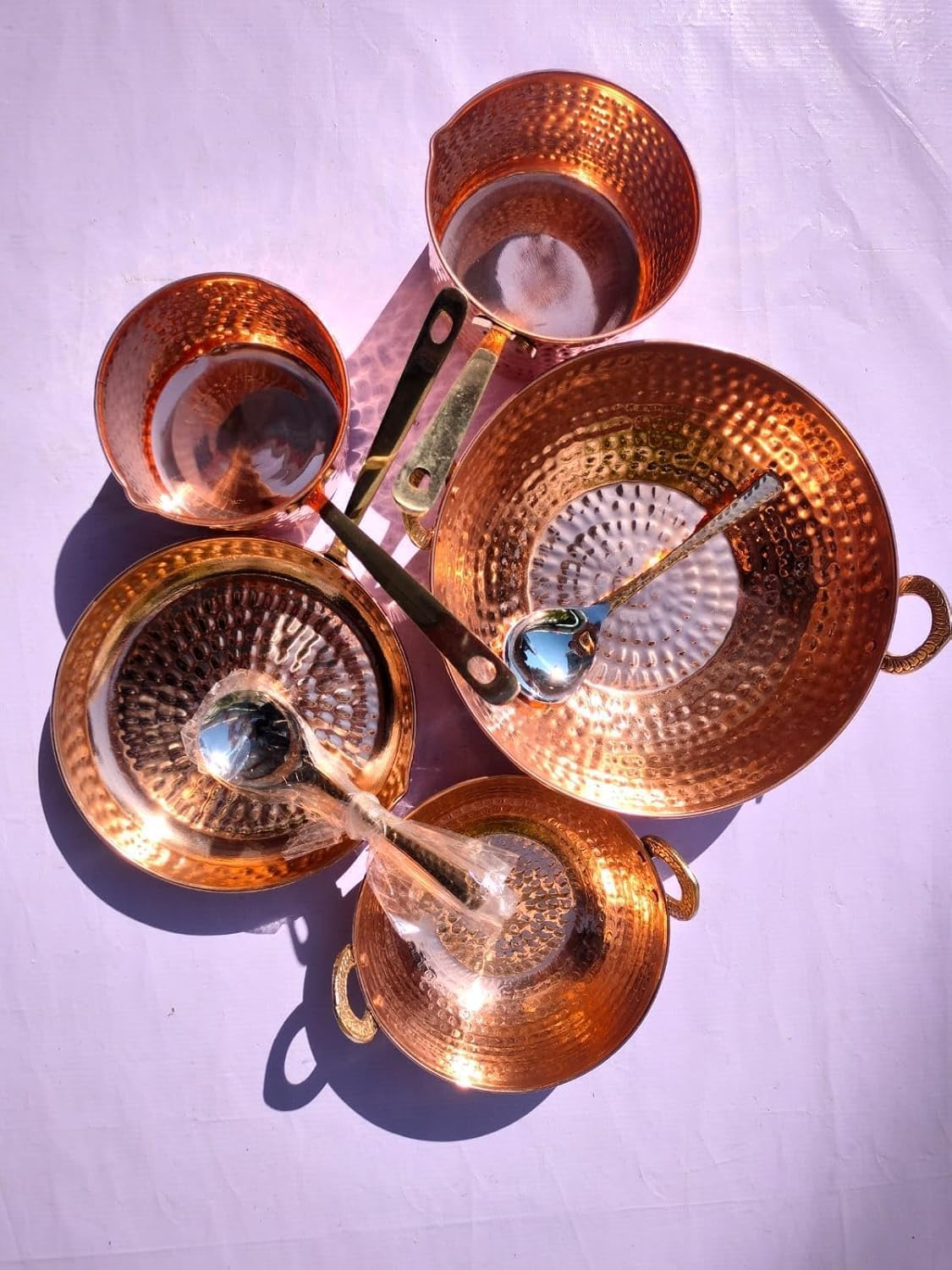 Hammered Copper Cooking and Serving Set, 10-Piece Traditional Kitchen Cookware with Brass Handles, Includes Sauce Pan, Kadhai, Fry Pan, Serving Spoons