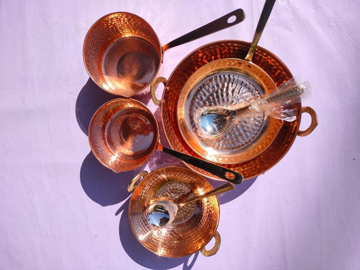 Hammered Copper Cooking and Serving Set, 10-Piece Traditional Kitchen Cookware with Brass Handles, Includes Sauce Pan, Kadhai, Fry Pan, Serving Spoons