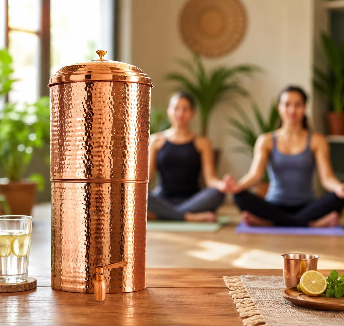 Hammered Copper Filter Water Pitcher with Spigot, Lid, and Candle Filter
