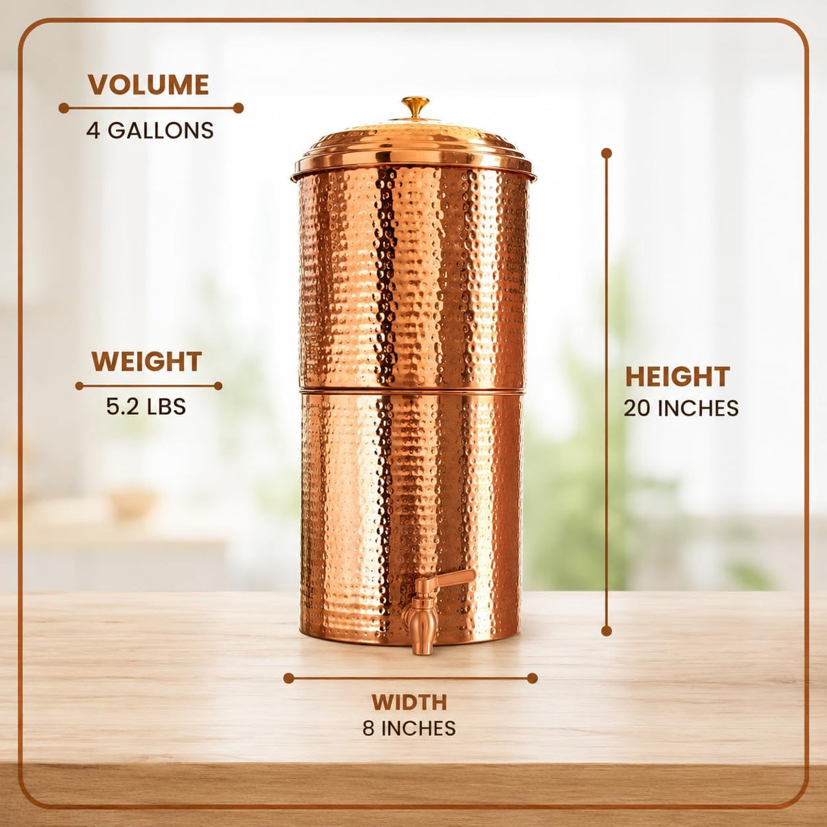 Hammered Copper Filter Water Pitcher with Spigot, Lid, and Candle Filter