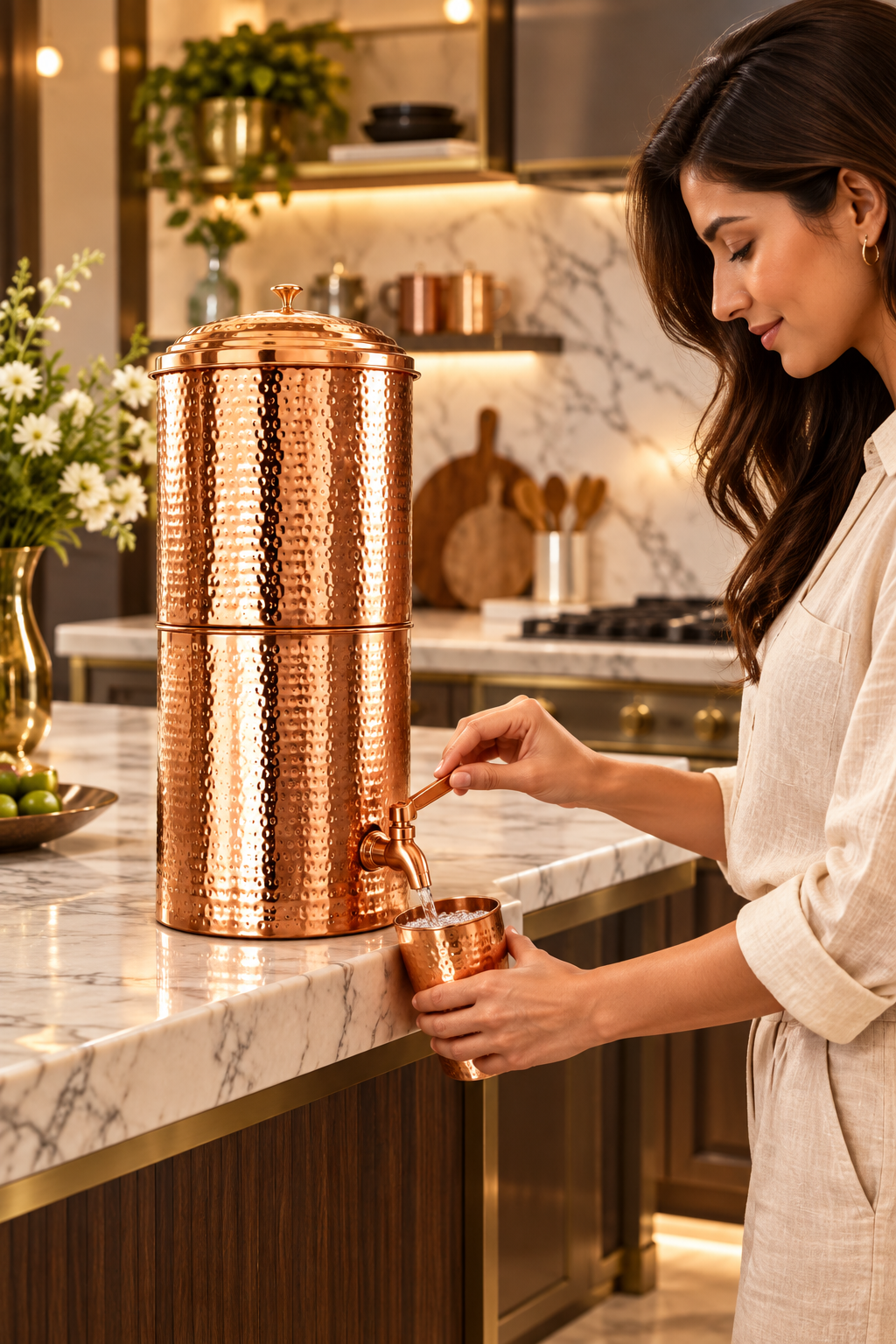 Hammered Copper Filter Water Pitcher with Spigot, Lid, and Candle Filter