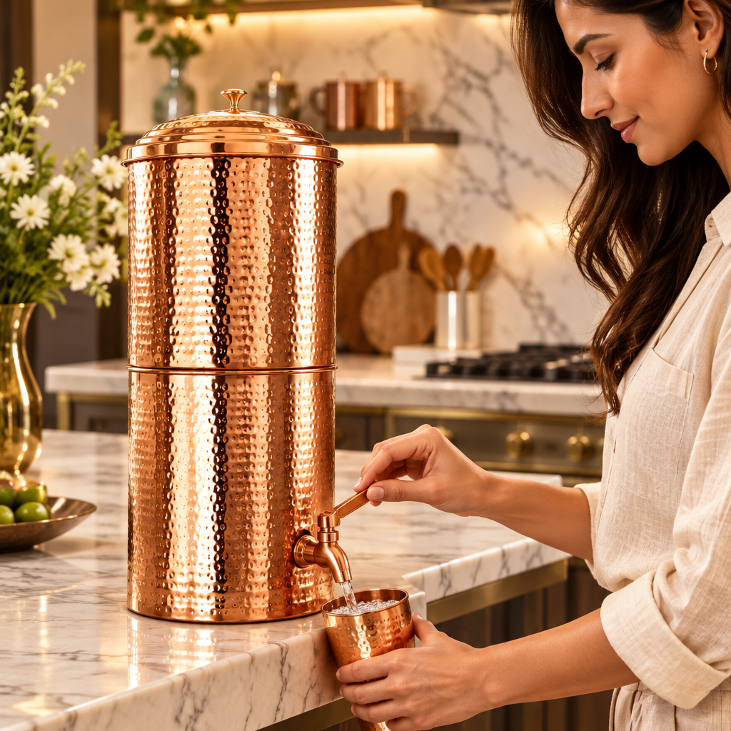 Hammered Copper Filter Water Pitcher with Spigot, Lid, and Candle Filter