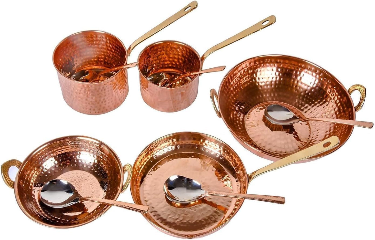 Hammered Copper Cooking and Serving Set, 10-Piece Traditional Kitchen Cookware with Brass Handles, Includes Sauce Pan, Kadhai, Fry Pan, Serving Spoons